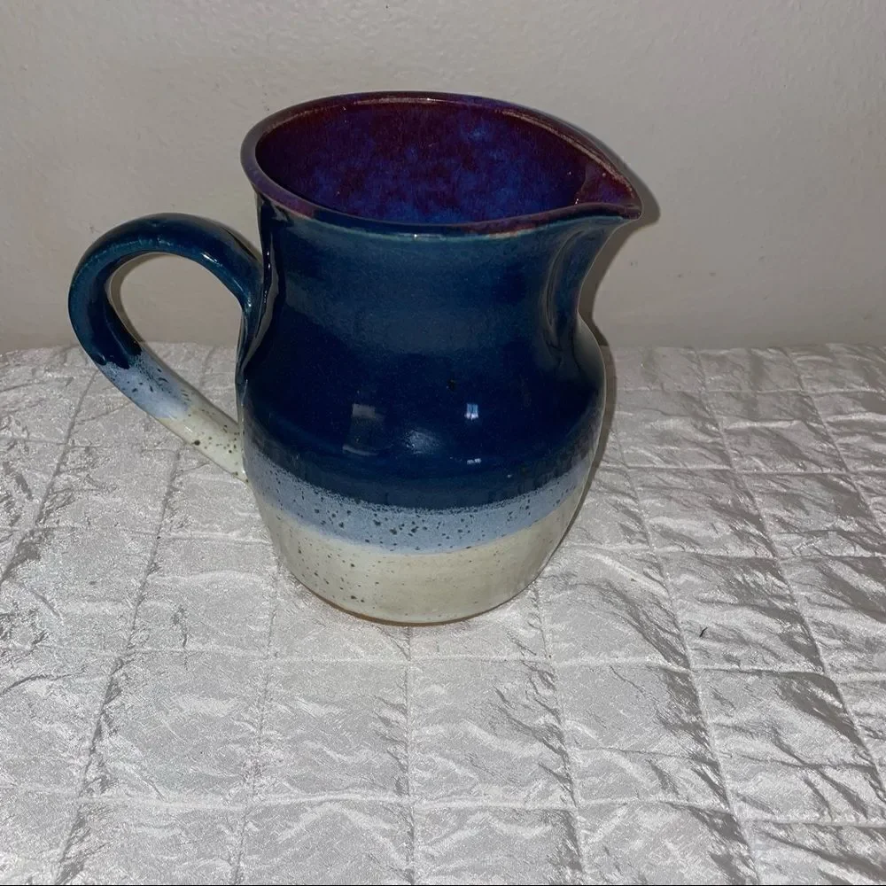 HANDMADE RUSTIC POTTERY pitcher in violets-off white